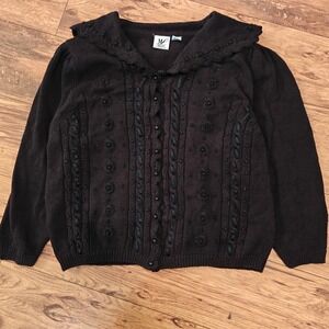 Maggie Lawrence Black Knit Cardigan Women's 18 Ribbon Cottagecore Whimsigoth VTG